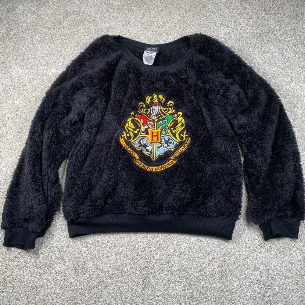 Harry Potter Hogwarts House‎ Crest Black Fuzzy Pullover Pajama Top XS Sweatshirt